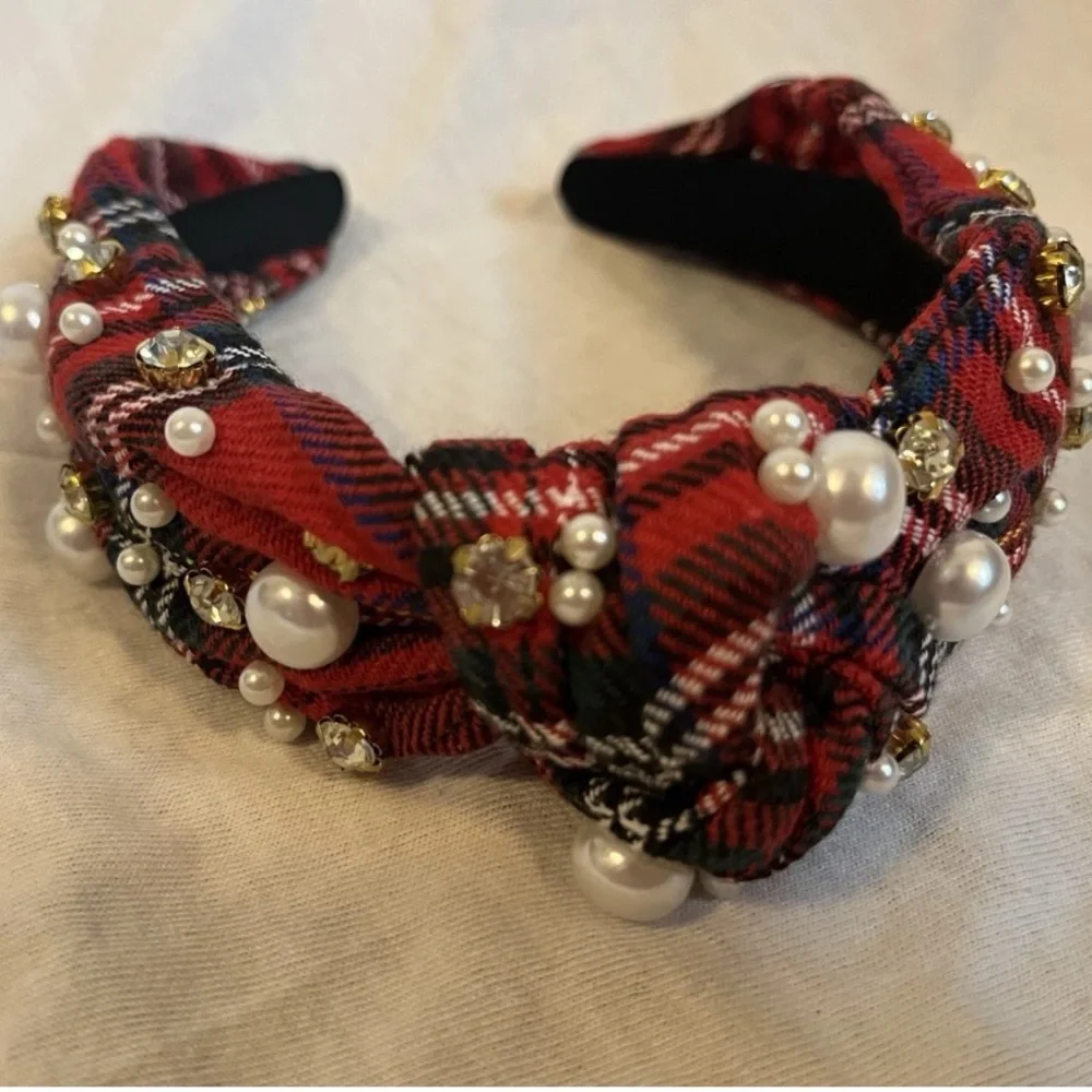 Plaid Red Headband with Faux Pearls & Rhinestones – Preppy & Chic